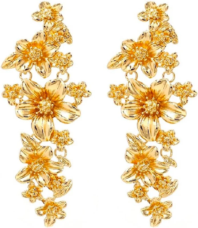 Drop Earrings with Textured Surface -18K Gold Multi Flower Statement Earrings