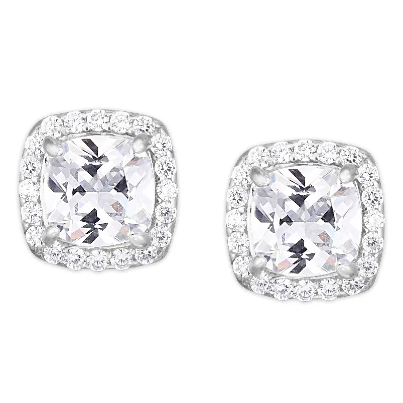 Drop Earrings for Concert Look -Cubic Zirconia Cushion Stud Silver Plated Earrings