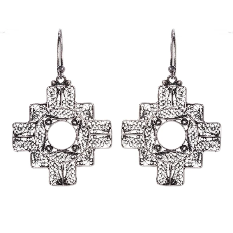 Drop Earrings for School Uniform -Novica Handmade Astral Cross Silver Filigree Earrings