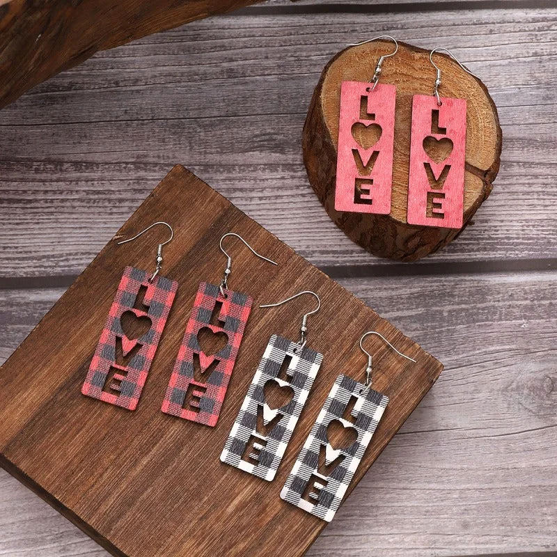 Drop Earrings with Floral Motifs -Wholesale Plaid Striped English Letter LOVE Wooden Heart-shaped Earrings