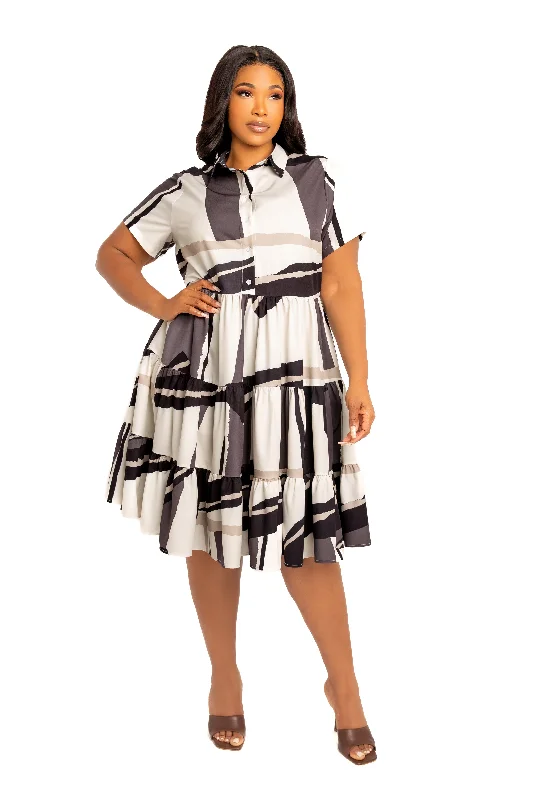 Plus size dresses with flowing skirts move freely -Sandals with wedge platform -Plus size dresses for casual chic style -Print Tiered Mini Shirt Dress