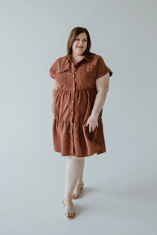 Plus size dresses with high waists define curves -Wide width sandals for women -Plus size dresses with pockets -CORDUROY BUTTON FRONT KNEE LENGTH DRESS IN RUSTED TERRACOTTA