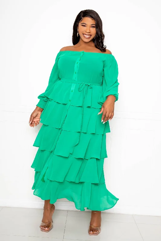 Plus size dresses with ruched details hide flaws -Adjustable sandals for women -Plus size dresses for fall -Off Shoulder Tiered Shirt Dress