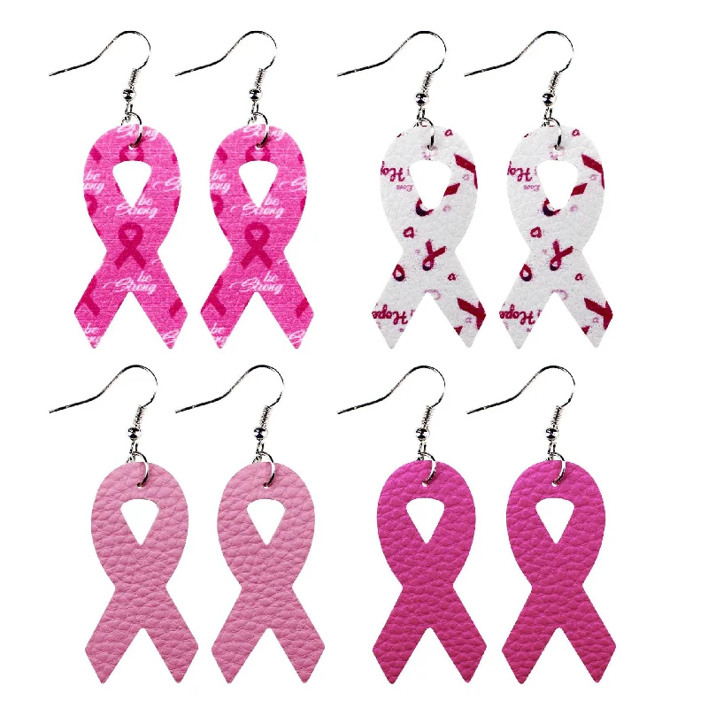 Lightweight Drop Earrings for All Day -Wholesale Breast Women's Health Awareness Pink Ribbon Leather PU Earrings