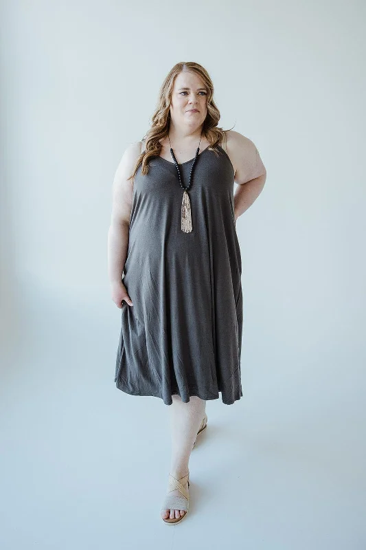 Plus size dresses for every mood adapt well -Sandals with bold and bright colors -Plus size dresses for a night out -KNEE LENGTH A-LINE CAMI DRESS IN CHARCOAL