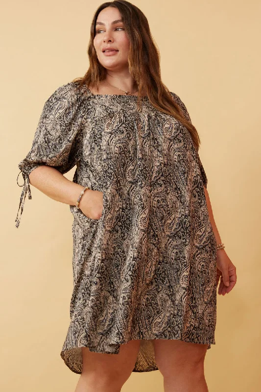 Plus size dresses with sleek designs suit all -Women's sandals with floral accents -Plus size dresses with decorative buttons -Paisley Print Tie Sleeve Square Neck Dress