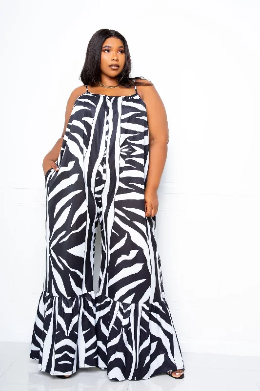 Plus size dresses featuring textured weaves add interest -Casual sandals for running errands -Plus size dresses for brunch -Animal Print Flutter Hem Jumpsuit