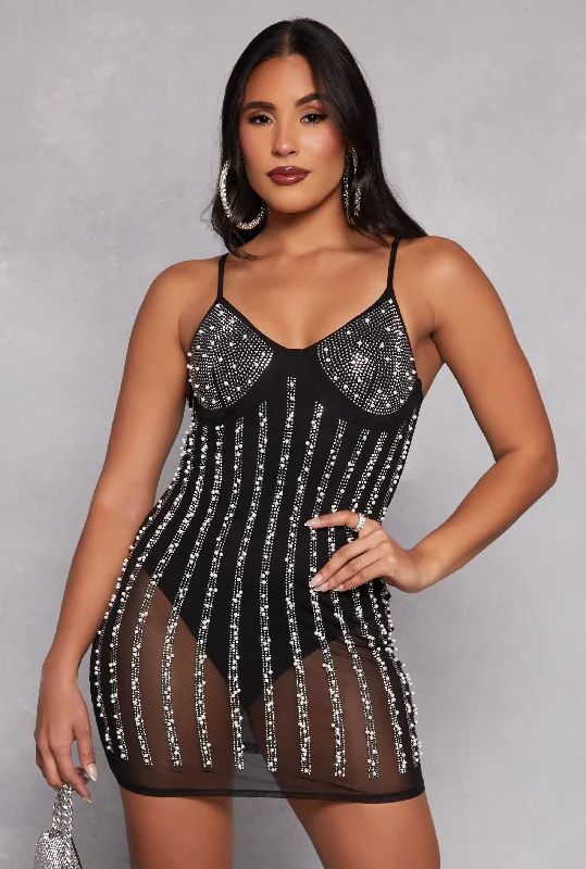 Plus size dresses for casual Fridays stay relaxed -Trendy sandals for women -Affordable plus size dresses -Mesh Rhinestone Faux Pearl Bustier Dress