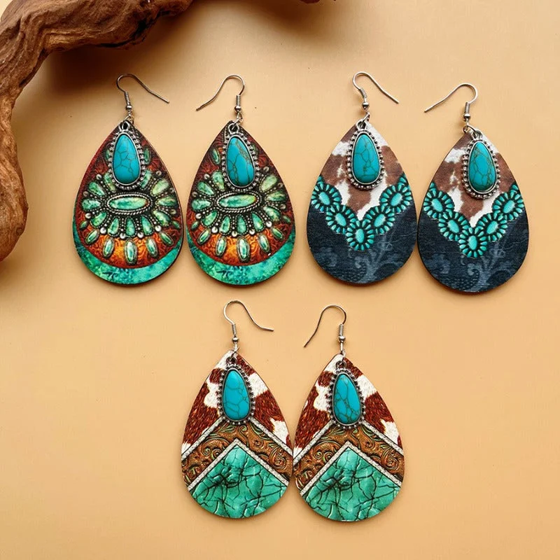 Drop Earrings with Vine Designs -Wholesale Turquoise Pendant Retro Ethnic Style Fashion Bohemian Earrings