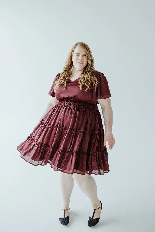 Plus size dresses featuring gemstone details shine subtle -Casual flat sandals for summer -Plus size dresses with floral prints -KNEE LENGTH DRESS WITH TIERED SKIRT IN ZINFANDEL