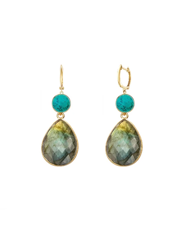 Drop Earrings with Debossed Designs -18K Gold Turquoise & Labradorite Drop Earrings