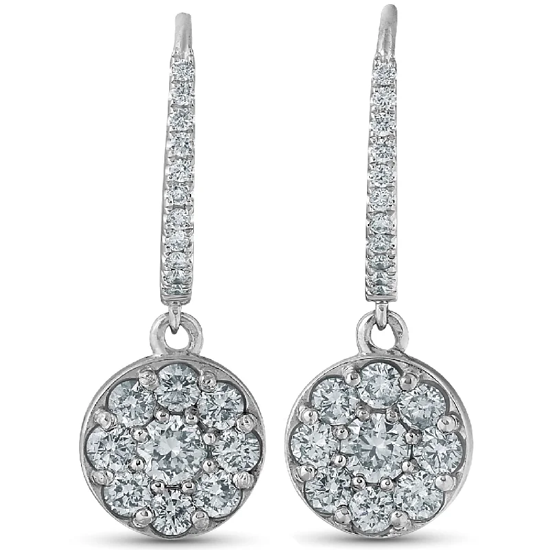 Drop Earrings with Embossed Patterns -1.15ct Dangle Diamond Halo Earrings Womens 18k White Gold Hoops