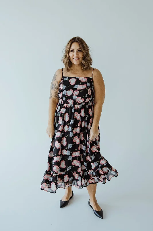 Plus size dresses with wide belts define waists -Sandals with wide toe straps -Plus size dresses for plus size teens -SMOCKED BODICE KNEE LENGTH DRESS IN PAINTED DAISY