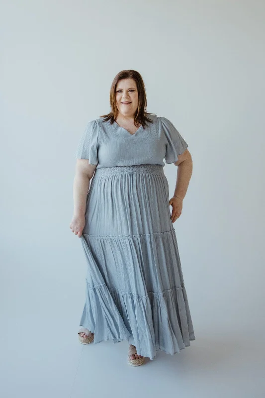 Plus size dresses featuring chevron prints are sharp -Summer sandals for brides -Plus size dresses for date night -TIERED FLUTTER SLEEVE DRESS IN CHAMBRAY BLUE