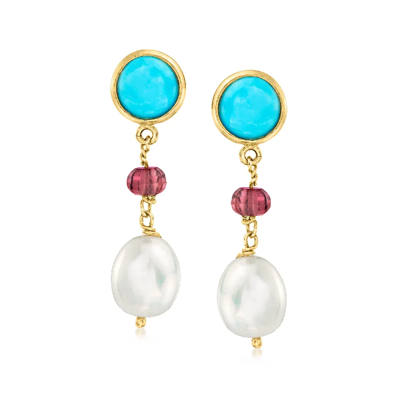 Tarnish Resistant Drop Earrings for Longevity -Ross-Simons Italian Turquoise and 9.5-10mm Cultured Pearl Drop Earrings With Red Glass Beads in 18kt Gold Over Sterling