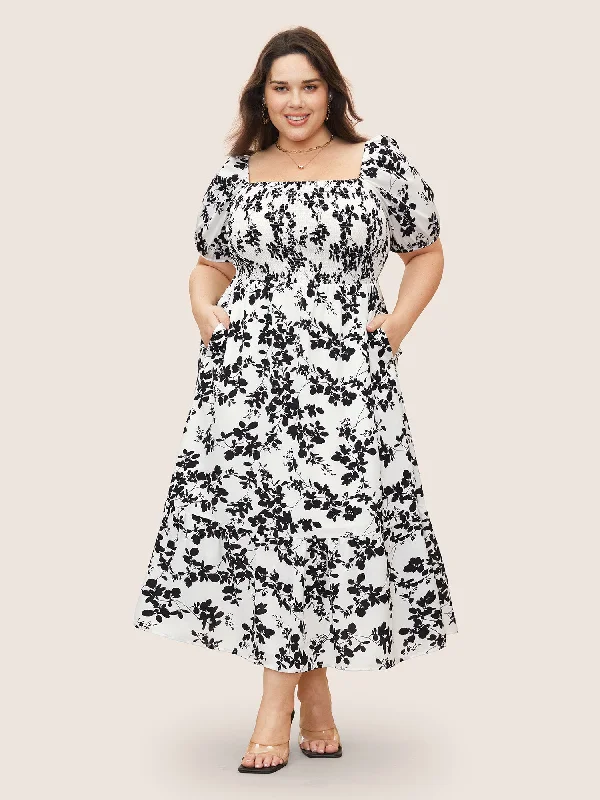 Elegant plus size dresses for weddings fit beautifully -Stylish sandals for summer -Plus size summer dresses -Silhouette Floral Print Shirred Puff Sleeve Dress