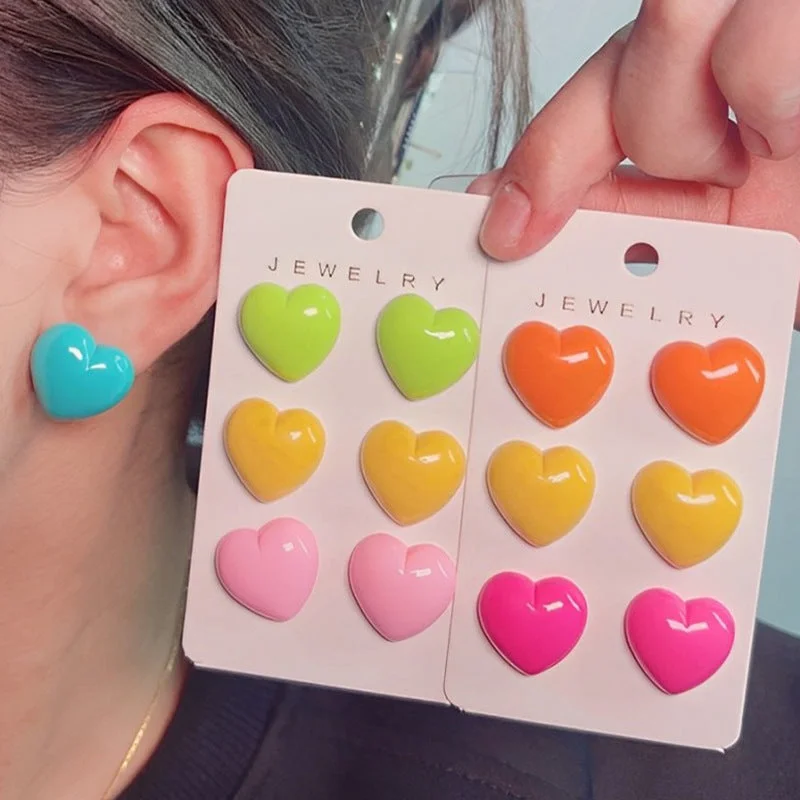 Drop Earrings for Bridesmaids Look -Wholesale Japanese Style Fresh Candy Colored Love Three Piece Set Acrylic Simple and Fashionable Earrings