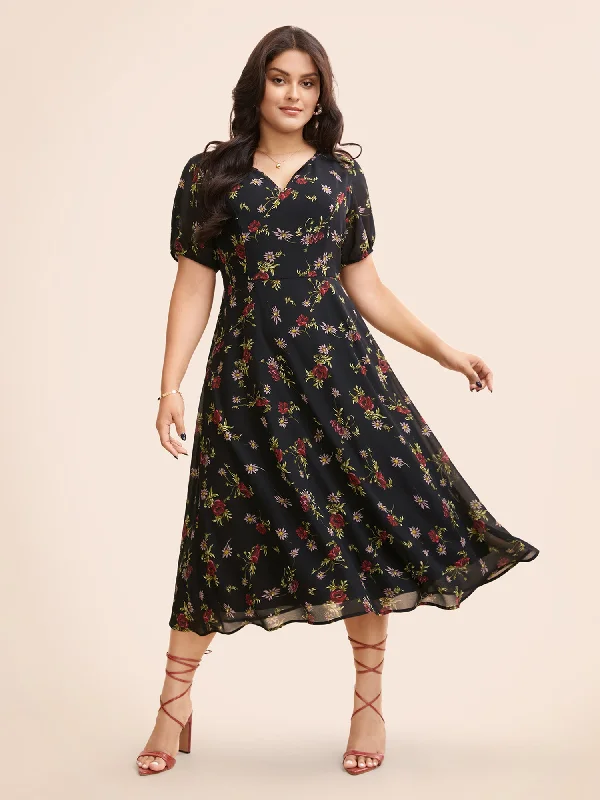 Plus size dresses with midi lengths balance well -Adjustable sandals for women -Plus size dresses for fall -Floral Notched Chiffon Mesh Midi Dress