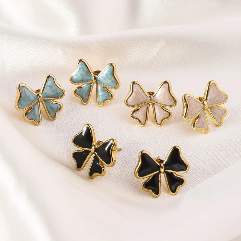 Drop Earrings with Debossed Designs -Wholesale Stainless Steel Fashion Light Luxury Versatile Bow Drop Oil Love Enamel Colored Titanium Steel Earrings