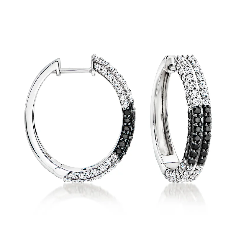 Square Drop Earrings for Modern -Ross-Simons White and Black Diamond Checkered Hoop Earrings in Sterling Silver