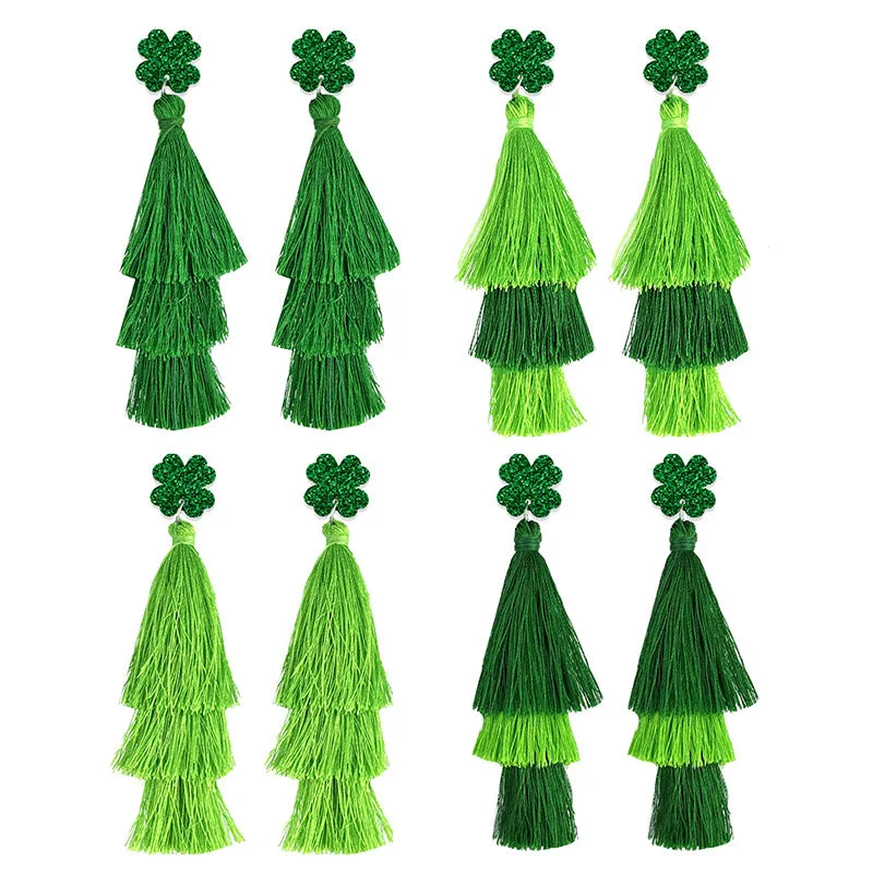 Triangular Drop Earrings for Edge -Wholesale St. Patrick's Green Festive Atmosphere Multi-layered Tassel Four-leaf Clover Earrings