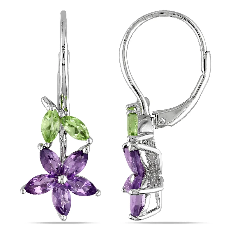 Drop Earrings for Beach Outfit -Mimi & Max 1 4/5ct TGW Amethyst and Peridot Floral Leverback Earrings in Sterling Silver