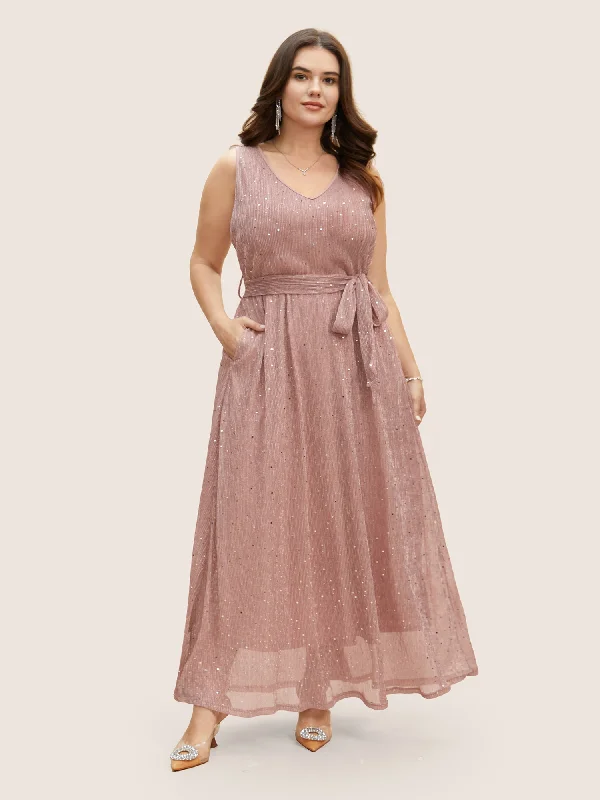 Plus size dresses for autumn days feel cozy -Sandals with toe rings -Plus size dresses for pear shaped women -Glitter Mesh V Neck Sleeveless Belted Dress