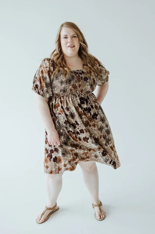 Plus size dresses with bold cuts make statements -Adjustable sandals for women -Plus size dresses for fall -LARGE FLORAL SMOCKED BODICE DRESS IN COPPER MEDLEY