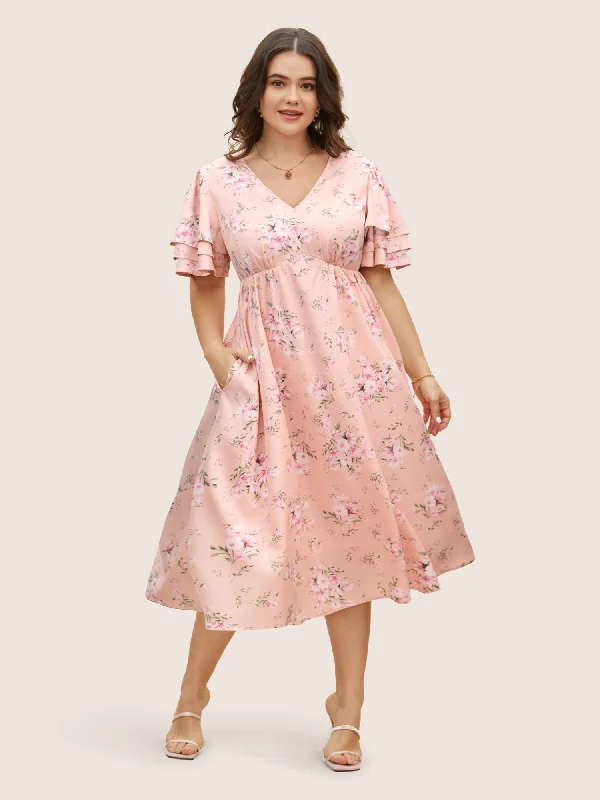 Plus size dresses for outdoor events stay comfy -Sandals with a wedge heel -Plus size dresses for birthday parties -Floral Elastic Waist Tiered Ruffle Sleeve Dress