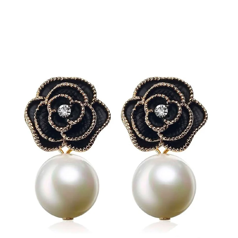 Round Drop Earrings for Classic -18K Gold Flower Pearl Drop Earrings