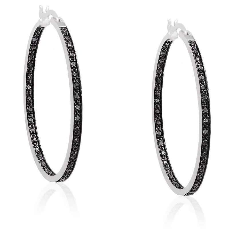 Adjustable Drop Earrings for Custom Fit -Finesque Silverplated Black Diamond Hoop Earrings