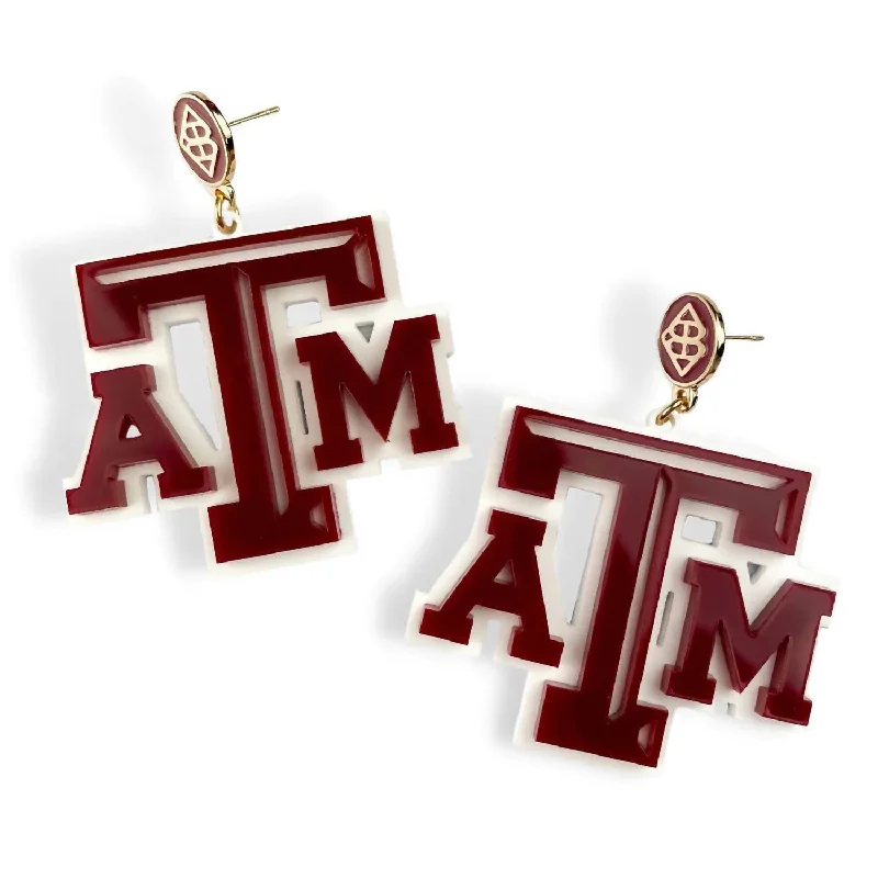 Drop Earrings for Christmas Party -Texas A&m Logo Earrings In Maroon And White