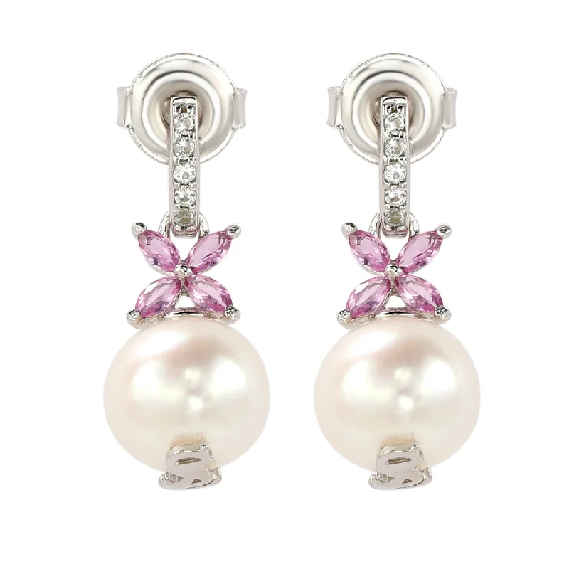 Drop Earrings with Enamel Coating -Suzy Levian Sterling Silver Pearl & Pink Sapphire Floral Earrings