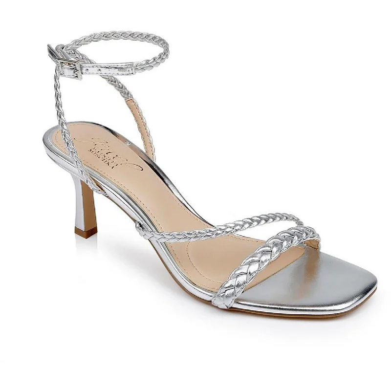 High-heeled sandals for women with thin straps and metallic shine for evening wear-Jewel Badgley Mischka Womens HELIA Leather Ankle Strap Heels