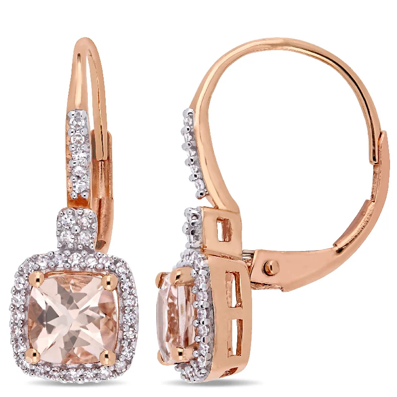 Drop Earrings for Anniversary -Mimi & Max Cushion-Cut Morganite and 1/5ct TW Diamond Halo Leverback Earrings in 10k Pink Gold