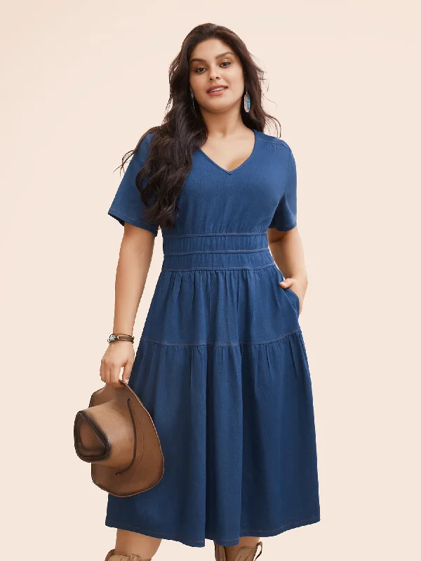 Plus size dresses with short sleeves suit spring -Chic sandals for evening wear -Plus size dresses for prom -Stretch Denim Pockets Tiered Midi Dress