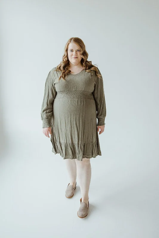 Plus size dresses with sturdy hems stay firm -Comfortable sandals for office wear -Plus size dresses for baby showers -LONG-SLEEVED SMOCKED WAIST MIDI-LENGTH DRESS IN CACTUS