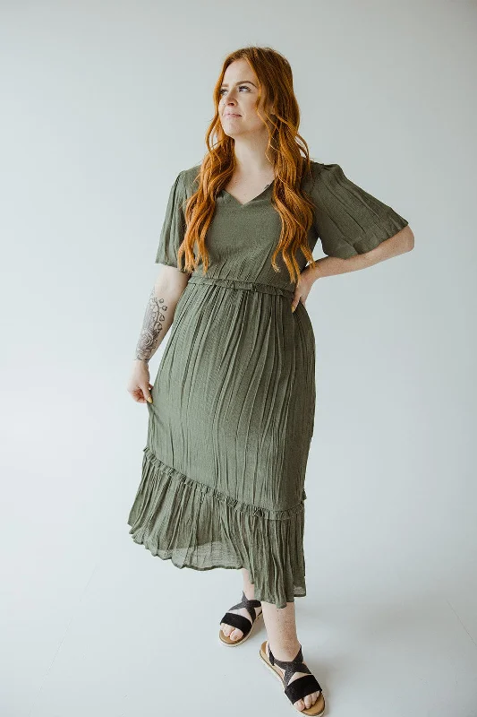 Plus size dresses with sleek fits elongate frames -Sandals with wedge platform -Plus size dresses for casual chic style -TEXTURED FLUTTER SLEEVE DRESS WITH KICK HEM IN SECLUDED WOODS