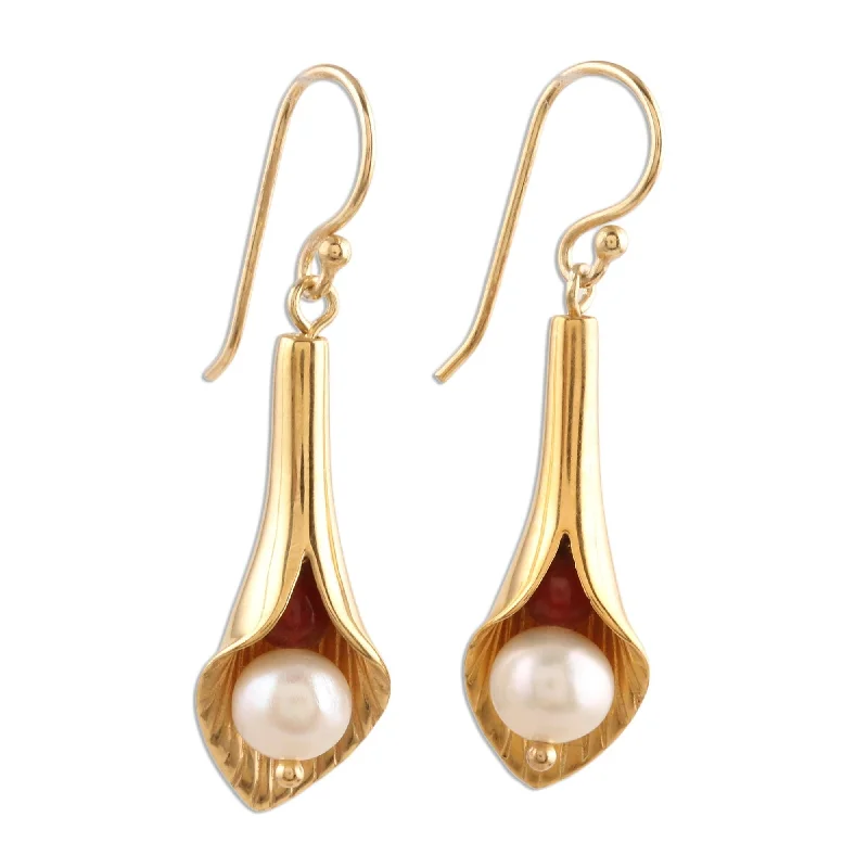 Magnetic Closure Drop Earrings for Easy -Novica Handmade Secret Lilies Gold Vermeil Pearl Flower Earrings