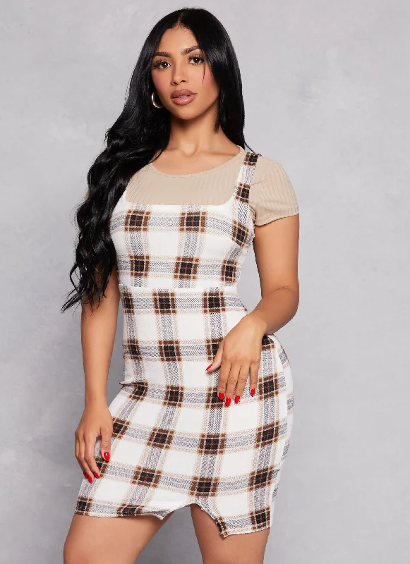 Plus size dresses with bold stripes add flair -Sandals with fabric straps -Plus size dresses for office wear -Almost Famous Plaid Tank Dress with Tee