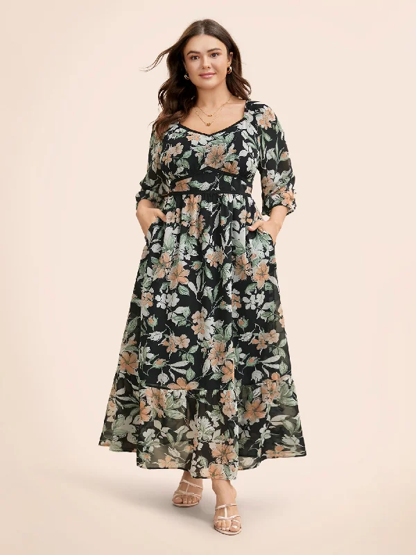 Plus size dresses featuring quilted textures add depth -Slip-on sandals for women -Plus size dresses with geometric patterns -Floral Heart Neckline Woven Ribbon Gathered Dress