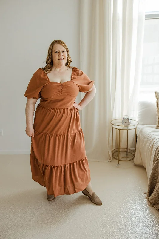 Plus size dresses with flowing skirts move freely -Sandals with wedge platform -Plus size dresses for casual chic style -BUBBLE SLEEVE KNEE LENGTH DRESS IN BAKED CLAY