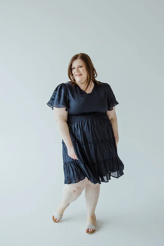 Plus size dresses featuring laser-cut details are unique -Sandals for garden parties -Plus size dresses for plus size petites -KNEE LENGTH DRESS WITH TIERED SKIRT IN STAR GAZING