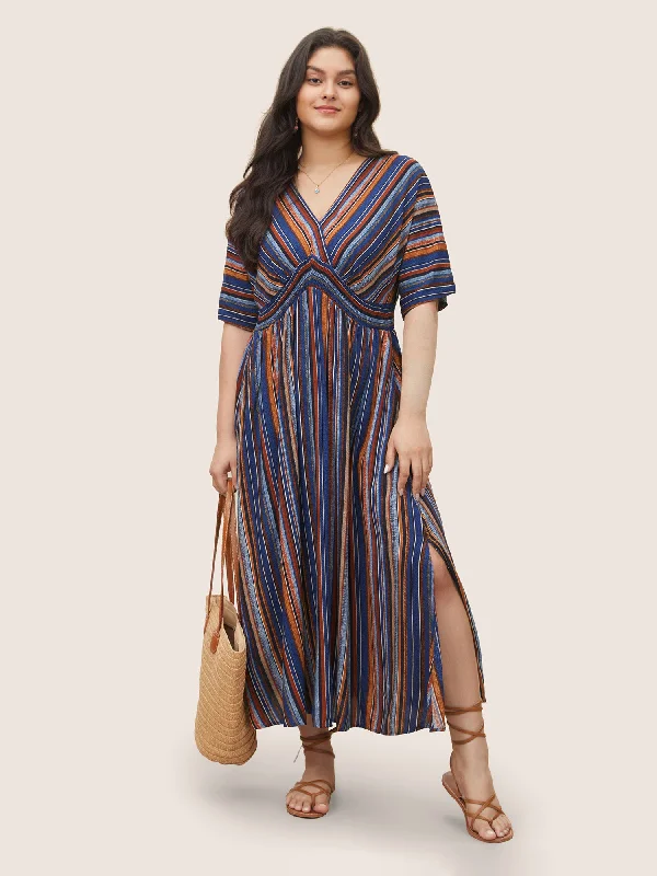 Plus size dresses for power dressing empower daily -Sandals for arch support and comfort -Plus size winter dresses -Striped Contrast Dolman Sleeve Shirred Pocket Split Flutter Dress