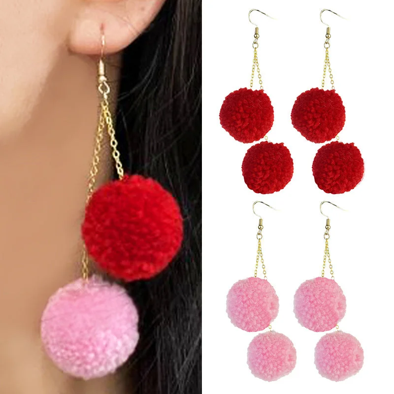 Nickel Free Drop Earrings for Safety -Wholesale 2pcs Valentine's Day Wool Ball Pink Chain Ball Color Matching Cute Autumn and Winter Earrings