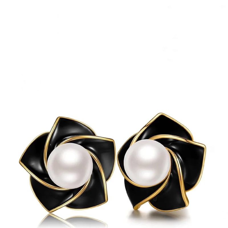 Drop Earrings for Graduation Day -18K Gold White Pearl & Black Enamel Post Earrings