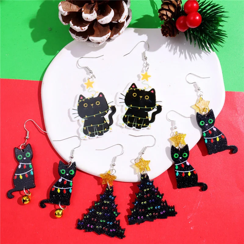 Drop Earrings with Keyhole Designs -Wholesale Christmas Lantern Black Cat Bell Acrylic Pendant Earrings