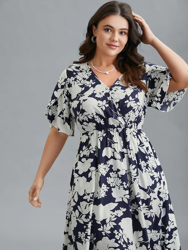 Affordable plus size dresses for casual days stay chic -Flat sandals for women -Plus size cocktail dresses -Floral Surplice Neck Petal Sleeve Midi Dress