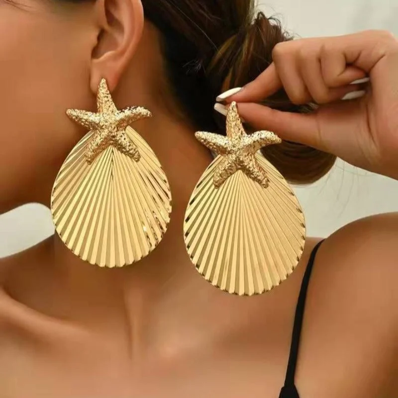 Clip On Drop Earrings for Non Pierced -Wholesale Golden Beach Sea Star Shell Scallop Exaggerated Earrings