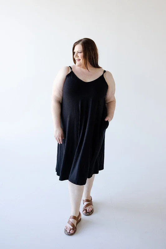 Plus size dresses for autumn days feel cozy -Sandals for garden parties -Plus size dresses for plus size petites -KNEE LENGTH A-LINE CAMI DRESS IN BLACK